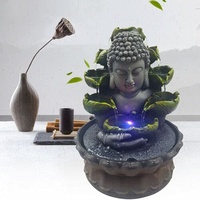 Harz Buddha Dekor Lotus Fließendes Wasser ​Waterfall Fountain Zimmerbrunnen Zuhause Büro Buddha Wasserlandschaft Feng Shui Ornament mit 4-Farbigem LED-Brunnen (Stil 1)