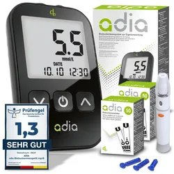 adia Blutzuckermessgerät (mmol) mit 110 Blutzuckerteststreifen, 10 Lanzetten, 1 Stechhilfe, 1 Etui