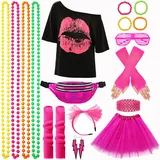 XCMVCN 80er & 90er Jahre Outfit Damen, Kostüm 80er Jahre damen für Fasching und Mottoparty mit Accessoires - (Rosa,XL)