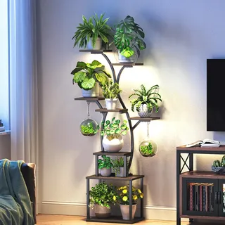 ShineMuse Pflanzenregal mit Wachstumslicht 150cm,Blumenregal Indoor Holz Blumenständer Metall mit LED Wachstumslicht,8-stufiger Pflanzenständer für draußen und Indoor,Wohnzimmer,Balkon,Schlafzimmer