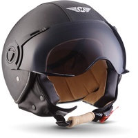 Moto Helmets® H44 „Leather Black“ · Jet-Helm · Motorrad-Helm Roller-Helm Scooter-Helm Bobber Mofa-Helm Chopper Retro Cruiser Vintage Pilot Biker · ECE Visier Schnellverschluss Tasche XS (53-54cm)