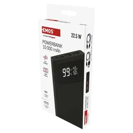 EMOS Powerbank BetaQ 10000mAh, 22,5 W Quick-Charge mit Passthrough und Display, 3x Output + 2x Input, inkl. Datenkabel USB/USB-C, Auto ON/Off, schwarz