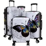Warenhandel König Trolleyset Butterfly, 4 Rollen, (Set, 3 tlg., Hartschalen Trolley Set), mit Motiv, Dehnfalte (Gr. L und XL), Hartschale aus Polycarbonat weiß