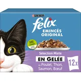 FELIX Gelee gehackt | ausgewachsene Katze | Auswahl an Rind, Lachs, Huhn, Thunfisch | 12 x 85 g | Frischebeutel