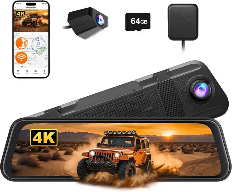 WOLFBOX M40 10 Zoll Rückspiegelkamera, 4K+1080P Front- und Rückfahrkamera, Spiegel-Dashcam mit ADAS/BSD, Sprachsteuerung, inkl. 64 GB Speicherkarte, WLAN & GPS