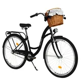 MILORD Damenfahrrad Citybike Komfort Mit Weidenkorb Hollandrad Vintage Fahrrad, 26, 28 Zoll, 3-Gang (Schwarz, 26 Zoll)