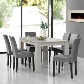 [en.casa] Esstisch Eiche weiß mit 6 Stühlen hellgrau Kunstleder gepolstert 140x90 cm