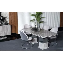 JV Möbel Elegantes weißes Esstisch- und Stuhl-Set aus Holz und Metall,