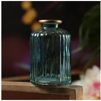 MARELIDA Mini Glas Vase mit Rillen für Blumen Glasflasche mit Goldrand blau