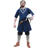 Battle-Merchant Mittelalter Tunika Ailrik | Baumwoll Tunika mit Bordüre für Herren | Kurzarm Wikinger Hemd | Krieger Verkleidung für Karneval (Blau/L) - L