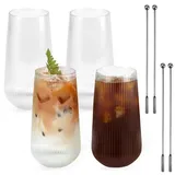 Kleemeiero 4 Stück Latte Macchiato Gläser 500ml Glasbecher mit 4 Edelstahl-Rührstäbchen Cappuccino Kaffeegläser Vertikale Streifen Design Kaffeeglas Teeglas für Latte, Getränke - Spülmaschinenfest