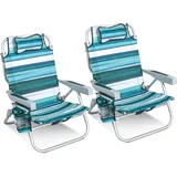 HOMECALL Klappstuhl Strandstuhl Leicht 5-fach verstellbare Rückenlehne, bis 136KG, Aluminiumrahmen, eine große isolierte Kühltasche, Aufbewahrungstasche, 2 St-Klassisch Gestreift
