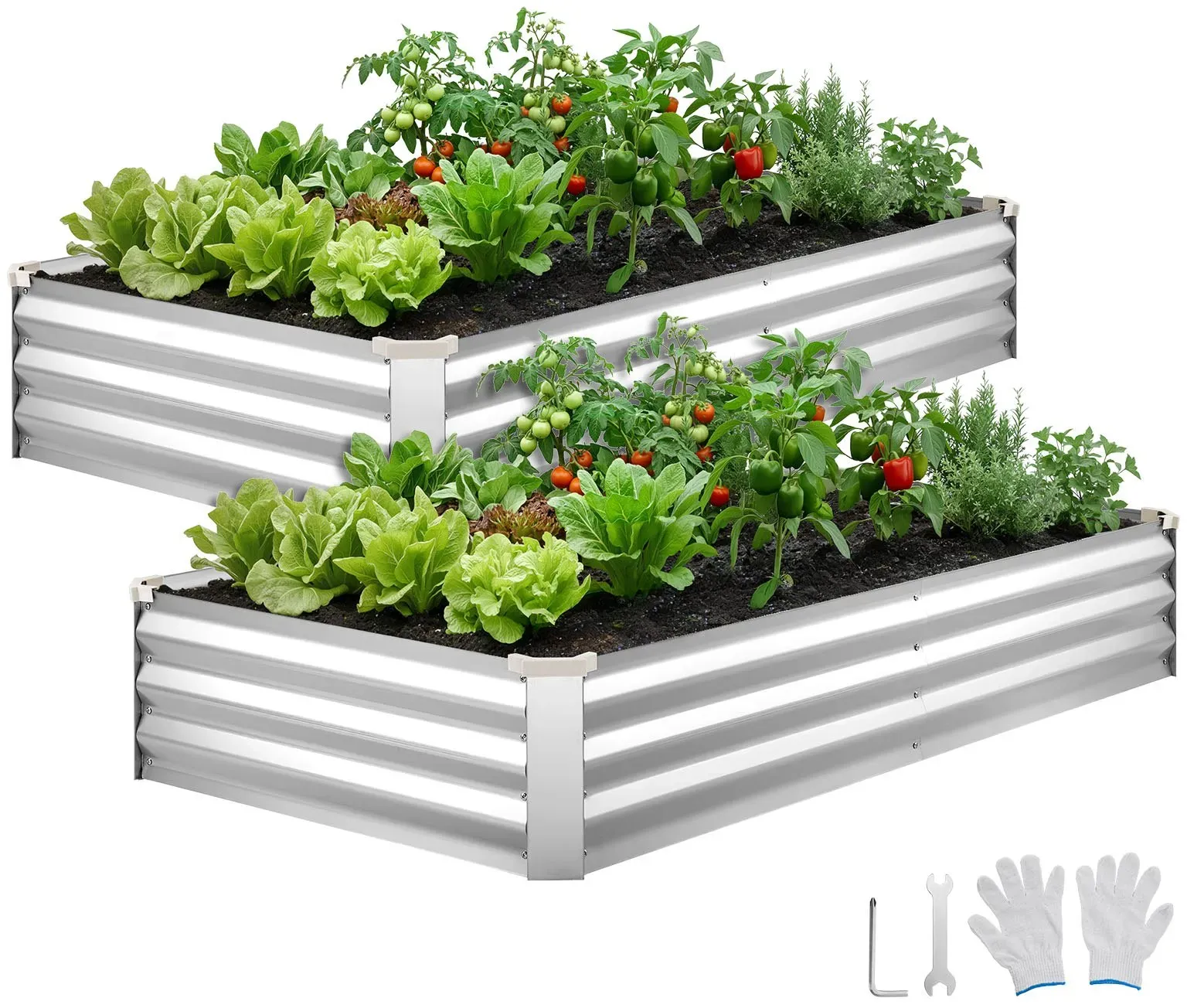 VEVOR Hochbeet Metall 2er-Pack 180x90x30 cm, Rechteckiges Gartenbeet, Pflanzkasten-Set für Außenbereich, Gemüsebeet mit Handschuhen, Blumenbeet Bodenlos, Pflanzbeet für Blumen & Gemüse, Silber