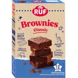 RUF Classic Brownies, Backmischung für saftig schokoladige Chocolate-Brownies im American Style mit Schoko-Raspel, inkl. Backform, 12 Brownies, 366g