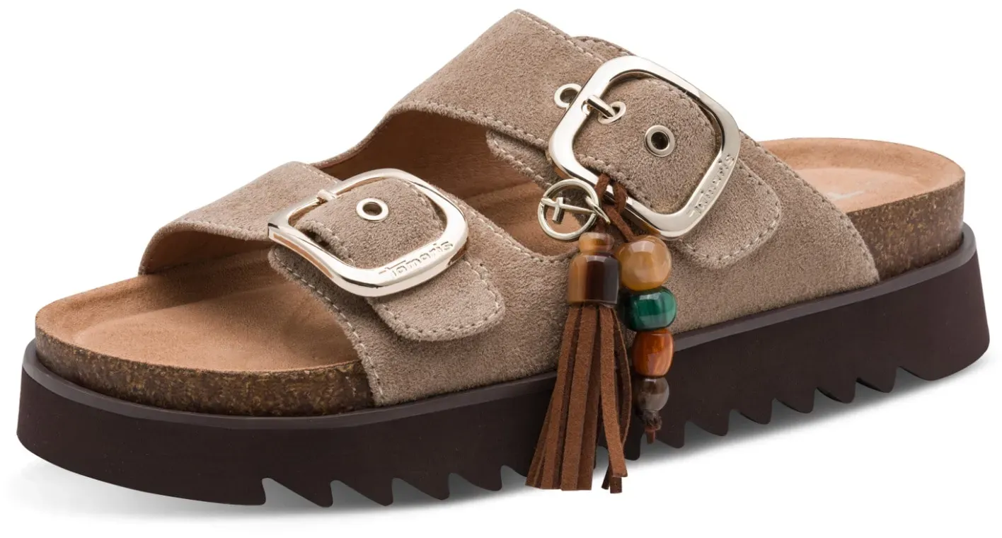 Pantolette TAMARIS, Damen, Gr. 41, taupe, Textil, unifarben mit Farbeinsätzen, Schuhe Pantolette, Sommerschuh, Schlupfschuh mit Anhänger und Zierperlen