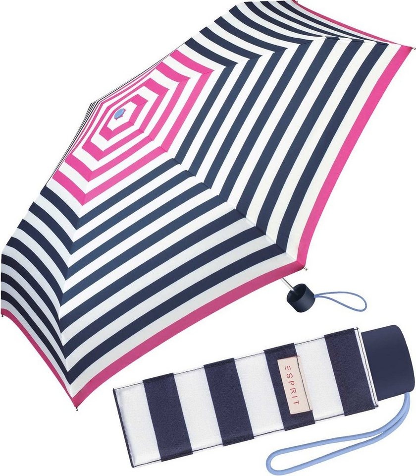 Esprit Taschenregenschirm kleiner, handlicher Schirm für Damen, mit jugendlichem Streifenmuster - pink-navy bunt