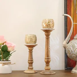 Marrakesch Orient & Mediterran Interior 2er Set Kerzenständer Doni - Handgefertigte Holz-Kerzenhalter Natur