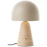 Lightbox Pilz Tischlampe mit Wipp-Schalter & Basis aus hochwertigen Travertine Stein | 31 cm Höhe & 20 cm Durchmesser | Deko Tischleuchte | E14 Fassung | Wohnzimmer-Lampe in Hell- bis Dunkel-Beige