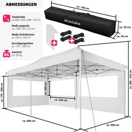 Tectake Faltpavillon 3 x 6 m inkl. 2 Seitenteile weiß