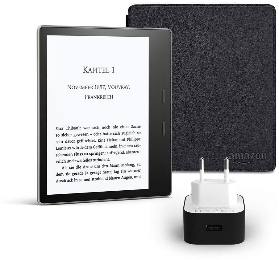 Kindle Oasis Essentials Bundle mit einem Kindle Oasis E-reader (7 Zoll, 8 GB, Grafit), einer Amazon Lederhülle (Schwarz) und einem Amazon Powerfast 9-W-Ladegerät