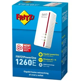 AVM Fritz!Powerline 1260E Single-Adapter, WLAN, international, Erweiterung, PLC, IEEE P1901, 1200 Mbps, integrierte WLAN-AC-Basis, Mesh, 1 Gigabit, Port, 20002824, weiß/rot