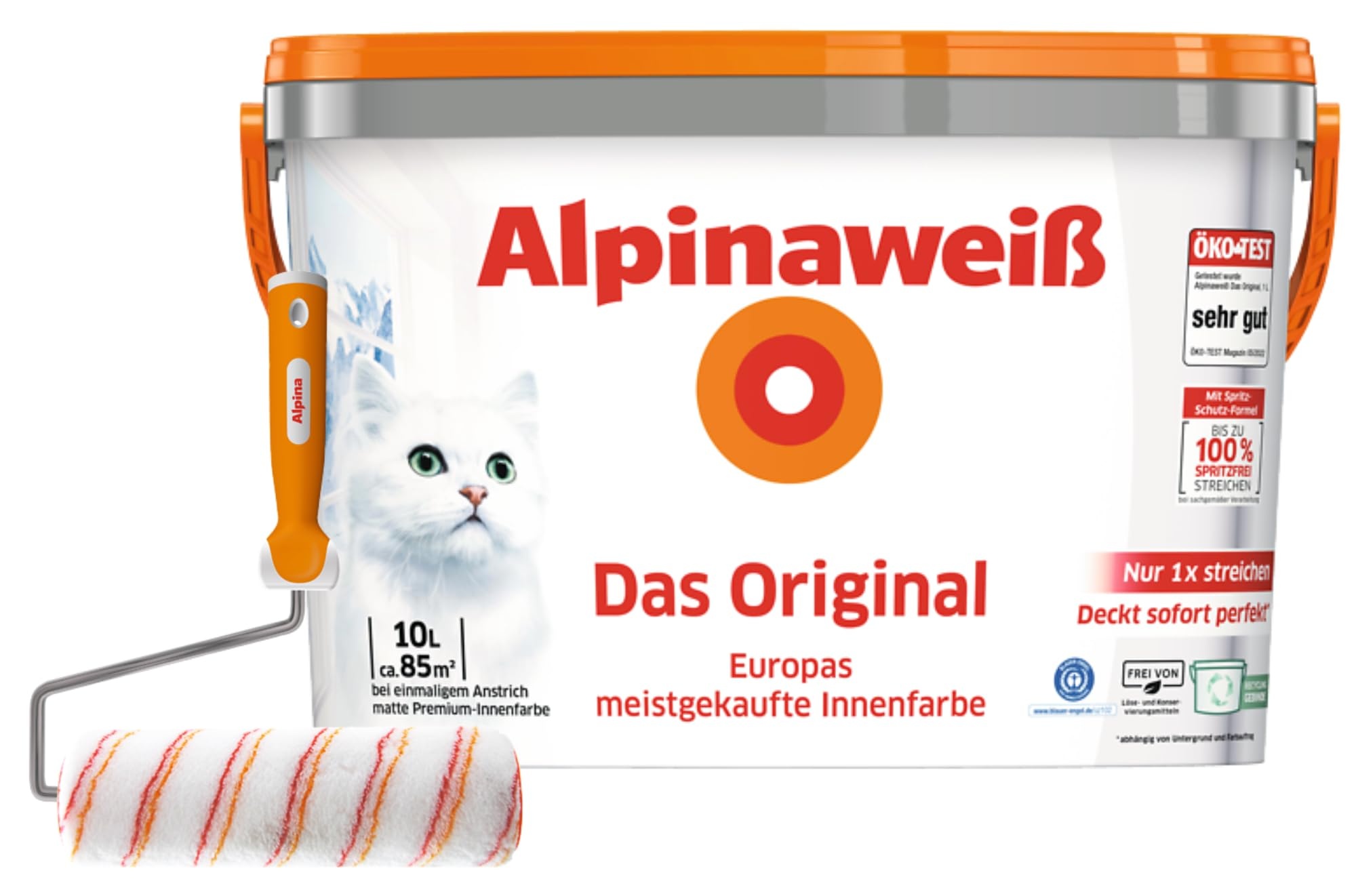 Alpinaweiß Das Original – optimal deckende und ergiebige weiße Wandfarbe – mit Spritz-Schutz-Formel – inkl. Spezial-Roller - 10 Liter