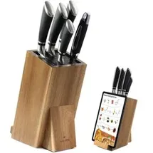 Navaris Messerblock mit Smartphone-/ Tablethalter, Akazienholz braun, 12,5 x 26,2 cm, Borsteneinsatz