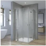 AQUALAVOS Eckdusche Duschkabine Eckeinstieg Falttür Bad Eckdusche Glas Drehfalttür, BxT: 110x110 cm, 5 mm Einscheiben-Sicherheitsglas (ESG), 180o doppelt Falttüren, mit Eckregalen, Höhe: 187 cm 110 cm x 187 cm x 110 cm