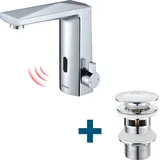 Lonheo - Infrarot Sensor Wasserhahn Automatik Waschtischarmatur + Ablaufgarnitur mit Überlauf, Einhandmischer Wasserhahn Bad mit Pop Up, Chrom