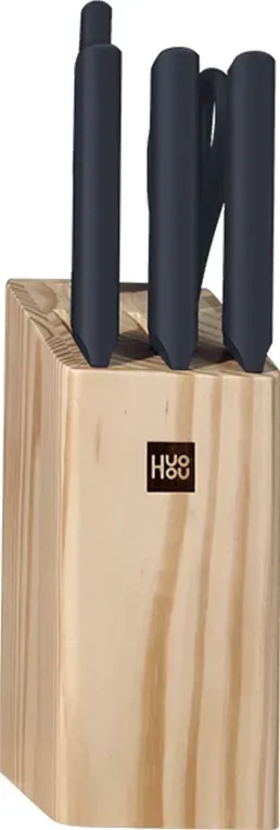 Huohou 6-teiliges Küchenmesser-Set aus Edelstahl mit Holzständer – 30Cr13 Klingen, handpolierte Kanten, ergonomische PP-Griffe, doppelt geneigter Kiefern-Halter, scharfe und langlebige Kochmesser für den Heimgebrauch