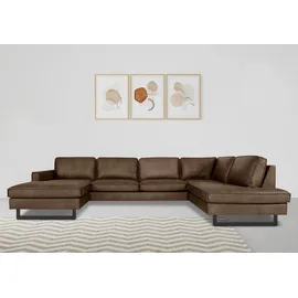 PLACES OF STYLE Wohnlandschaft »Pinto, 350 cm, U-Form, XXL, mit Ottomanen«, Cord, Chenille, Lederoptik, mit Keder, Metallfüße, Wellenunterfederung braun