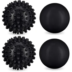 Relaxdays Massageball 4er Set, Igelball & glatter Lacrosse-Ball, Ø 6,5 & 6 cm, Selbstmassage, Faszienball hart, schwarz