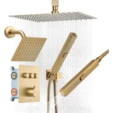 Vevor Duschsystem-Set mit 12 Zoll Regenduschsystem / 6 Zoll Wandmontagekopf / 2 in 1 Handbrause, drehbarer Doppelregenkopf (3 Funktionen), Messingventil und Verkleidungssatz, gebürstetem Gold