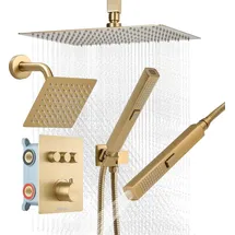 Vevor Duschsystem-Set mit 12 Zoll Regenduschsystem / 6 Zoll Wandmontagekopf / 2 in 1 Handbrause, drehbarer Doppelregenkopf (3 Funktionen), Messingventil und Verkleidungssatz, gebürstetem Gold