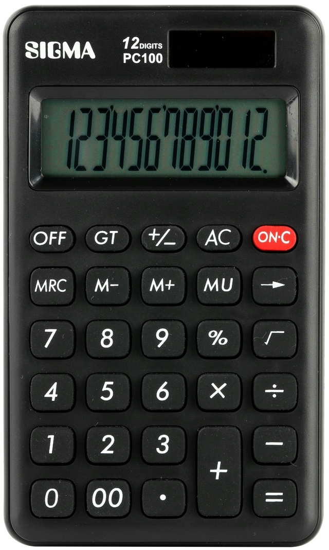 SIGMA Taschenrechner, Kunststoff, 11.8 x 7 x 1.04 cm, Mit 12-Ziffern Panel, Solar / Batterie Energieversorgung, Mit Speicherfunktion, schwarz