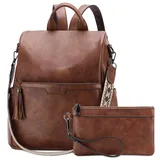 RAVUO Rucksack Damen, Anti Diebstahl Pu Leder Rucksack Tasche 2 in 1 Elegant Cityrucksack Wasserdicht Rucksackhandtasche mit Geldbörse,Braun