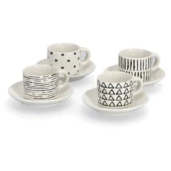 Espressotasse ZELLER PRESENT, schwarz-weiß (schwarz, weiß), B:12,5cm H:7cm Ø:6cm, Keramik, Trinkgefäße, 8-teilig (4 Tassen/4 Untertassen)