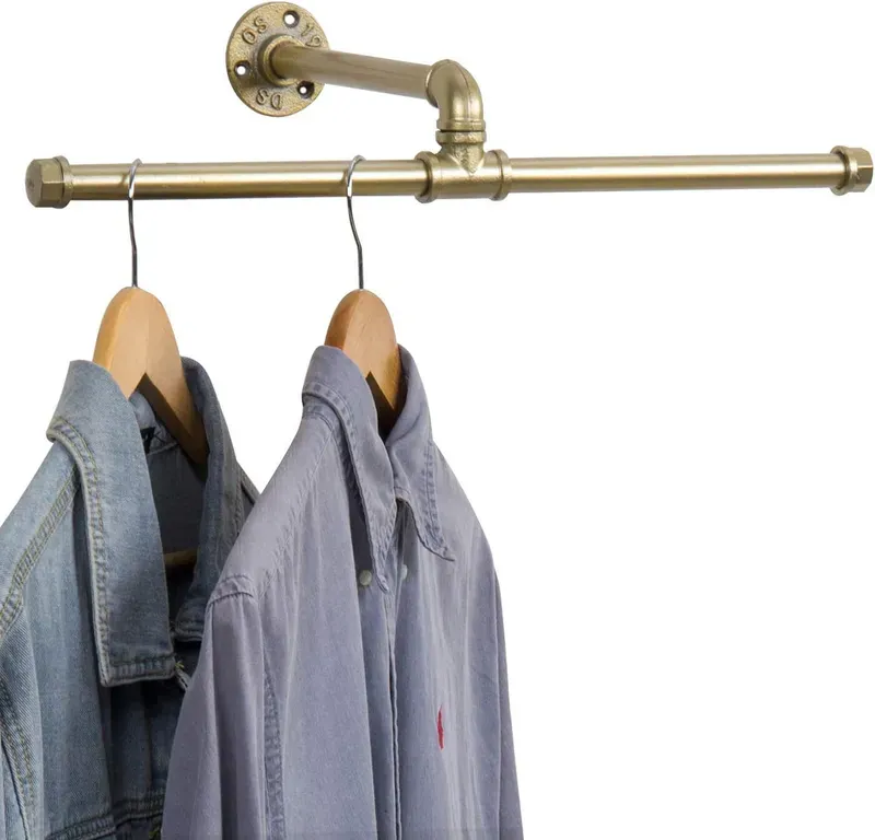MyGift 20 Zoll Wandmontierter T-Stangen-Kleiderständer aus Metallrohr in Messingoptik