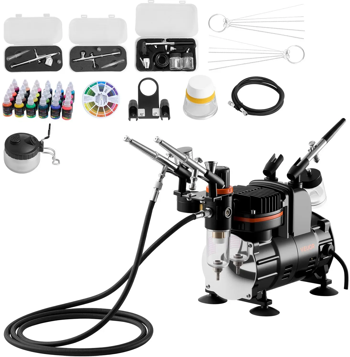 VEVOR Airbrush Set 1/6 PS mit Luftkompressor, 3 Dual Action Airbrush Pistolen mit 3 Düsen (0,3/0,3/0,35mm) & Schlauch & Acrylfarbe, für Kuchendekoration Modellmalerei Nagelkunst geräuscharm