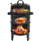 BBQ Smoker Holzkohlegrill - Tonnengrill Räucherofen - 84 cm mit Thermometer - Metall - für Fleisch Bacon Wurst Hähnchenflügel - schwarz - Schwarz
