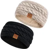 Hatromm Stirnband Damen Winter Wolle 2 Pack, Ohrenwärmer Damen Stirnband Gestrickt Dick mit Fleece Gefüttert, Haarband Damen Kaltes Wetter Warme Ohrenschützer(Schwarz+Haferflocken)