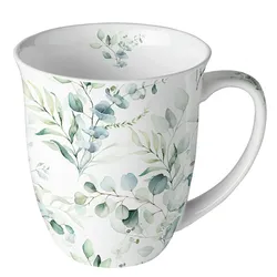 Tasse 10cm Porzellan mit Eukalyptus Motiv - 0,4L Keramiktasse Porzellangeschirr Kaffeetasse Teetasse Kakaotasse Porzellantasse Blätterzweige Weiß Grün