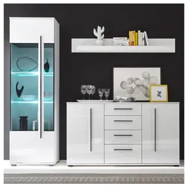 Lomadox Wohnmöbel-set Colorado-61 In Weiß Hochglanz Mit Vitrine Inkl. Led Tür Mit Grauglas Bxhxt: 225x200x42cm