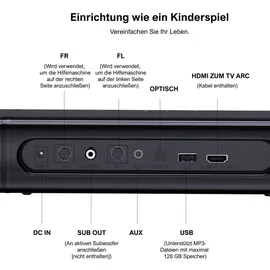 ultimea 5.0-Kanal abnehmbarer Soundbar für Smart-TVs mit RGB-Beleuchtung, App-Steuerung, Spitzenleistung 180W, Bluetooth 5.3, HDMI/OPT/AUX, Apollo S70 - Schwarz