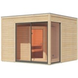 Woodfeeling Karibu Design Saunahaus Terning 1 mit Vorraum - 38 mm naturbelassen Set A (Sauna B 2 x T 1,7 m mit 2 Liegen 57 cm) Ohne Ofen inkl. 8-teiligem gratis Zubehörpaket (Gesamtwert 191,92€)