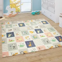 Paco Home Spielmatte Krabbelmatte Baby Matte Faltbar Abwischbar Wendbar Tiere Creme Blau Gelb 180x200 cm - Weiß