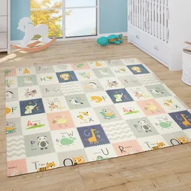 Paco Home Spielmatte Krabbelmatte Baby Matte Faltbar Abwischbar Wendbar Tiere Creme Blau Gelb 180x200 cm - Weiß