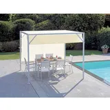 Quadratische Pergola 3x3 m aus mattweißem Metall mit Schiebedach und ecrufarbenem Abdeckblech - Vico