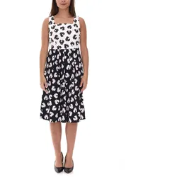 Damen Sommer-Kleid mit grafischem Druck Baumwoll-Kleid Frühlings-Kleid ohne Ärmel Midi-Kleid 948746 Weiß/Schwarz - 44