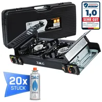 ZMC Gaskocher PREMIUM Butan Gaskocher Campingkocher 2-flammig + Gaskartuschen 227g, (Doppel Kartuschenkocher mit Zündsicherung, mit Piezozündung, Wärmeleistung: 2,0KW), für Outdoor und Innenraum, Gasherd Kochfeld Gas Kocher Herd PREMIUM Gaskocher + 20x Gaskartuschen